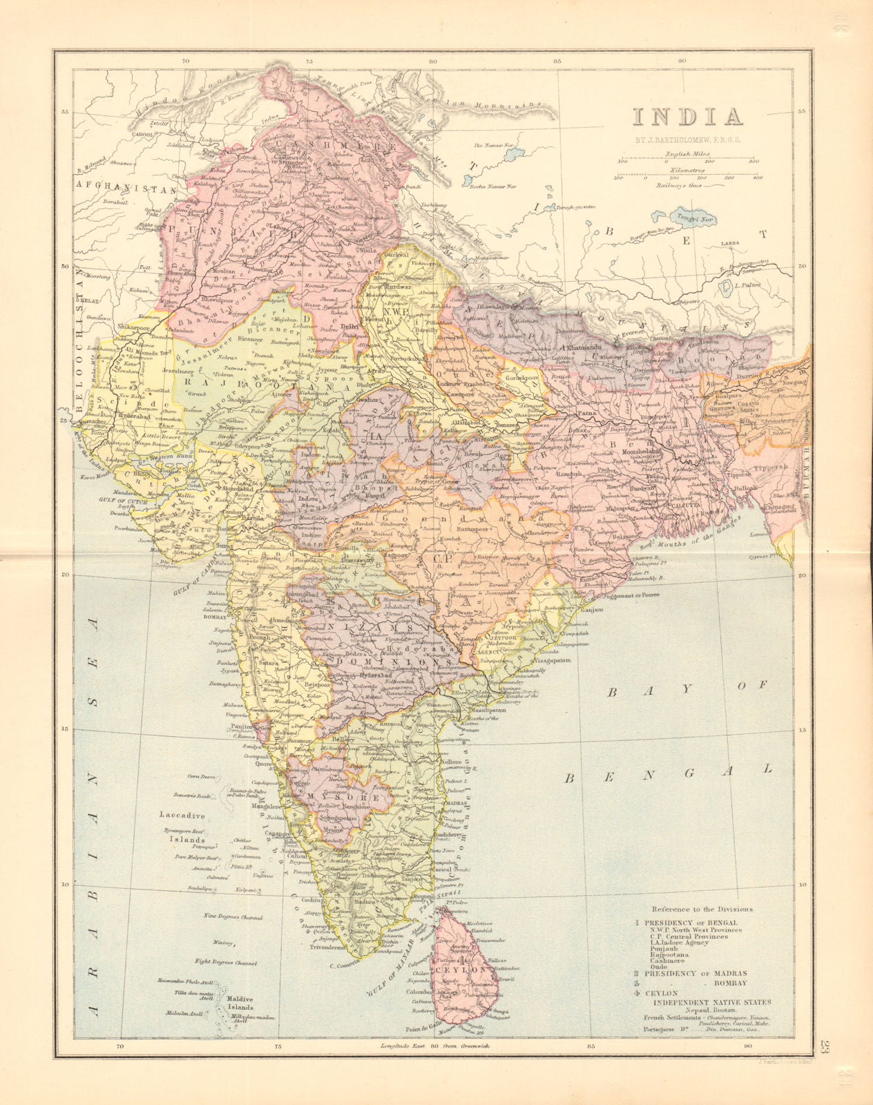 BRITISH INDIA. Presidencies. Railways. BARTHOLOMEW 1876 old antique map chart